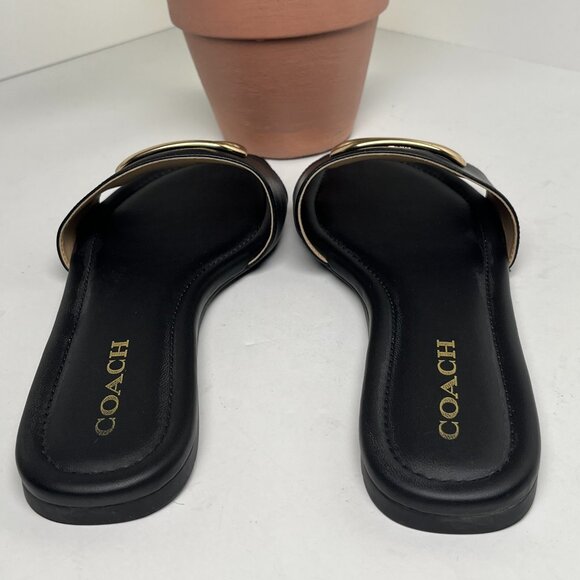 Coach Evy Black Leather Slide Sandals Gold Logo Plaque Women’s 9B Slip with Box - Picture 7 of 13